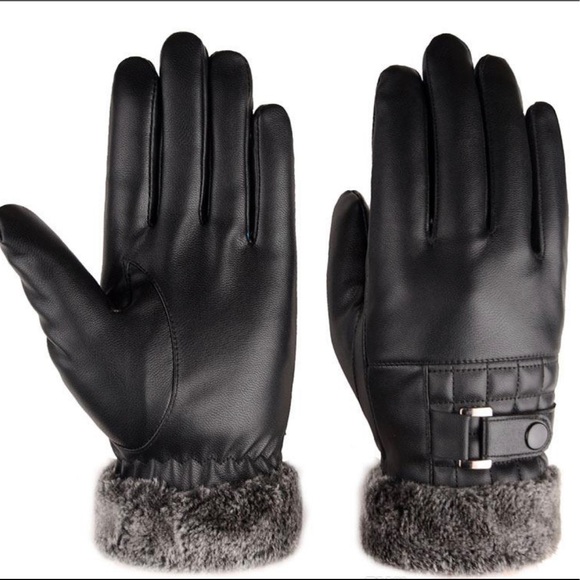 GENUINE LEATHER BLACK FUR GLOVES WINTER CHRISTMAS - Picture 4 of 5